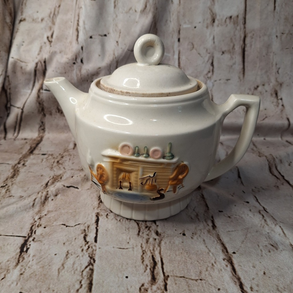 Vintage Porcelier‎ Vitreous China Teapot Fireplace Hearth Relief Cream Ceramic